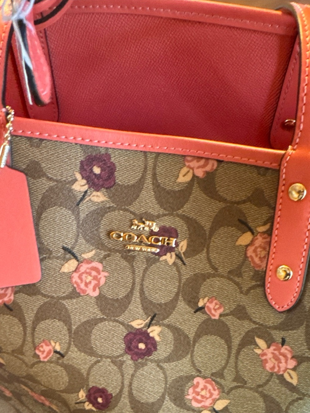 Coach Brown Signature Floral Tote with Pink Trim - Picture 10 of 15